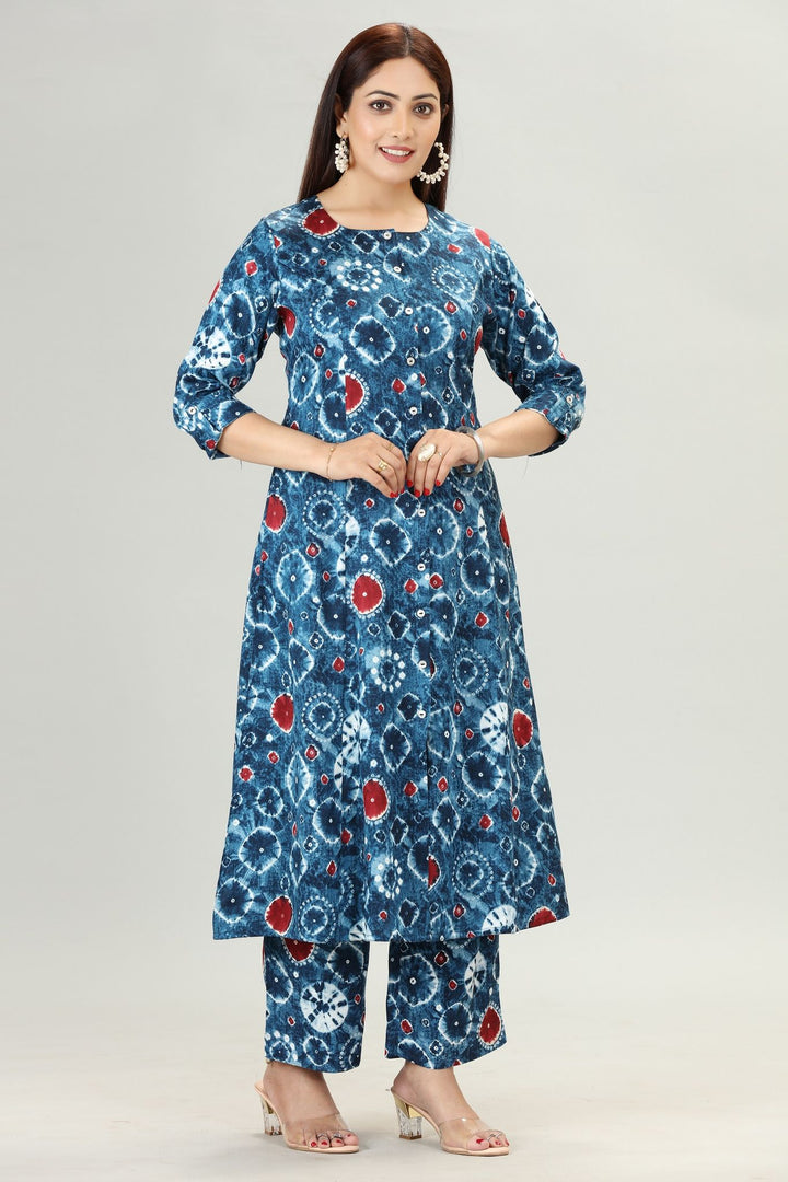 Navy Blue Rayon A Line Printed Kurta Pant Co ord Set