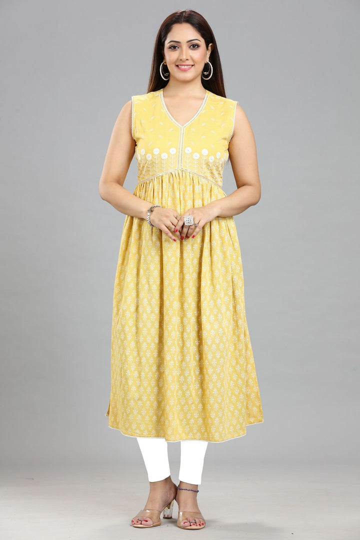 Yellow Cotton Gathered Embroidered Sleeveless Kurta For Women