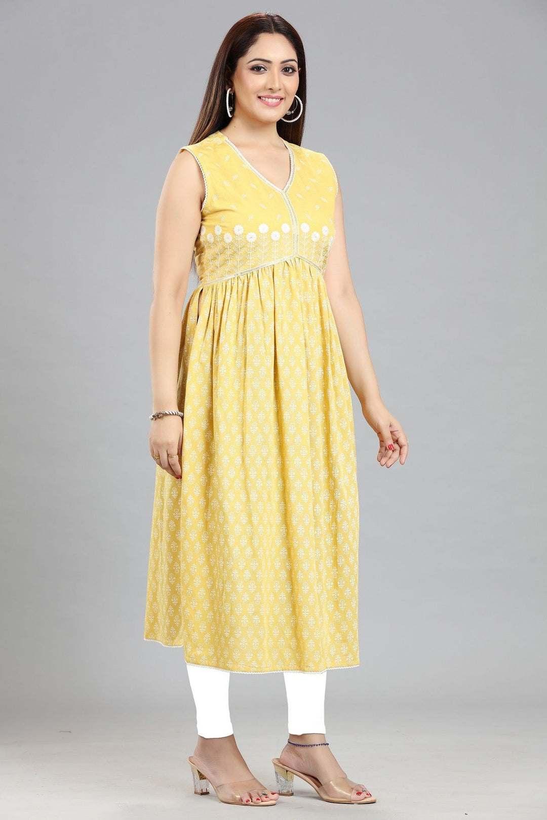 Yellow Cotton Gathered Embroidered Sleeveless Kurta For Women