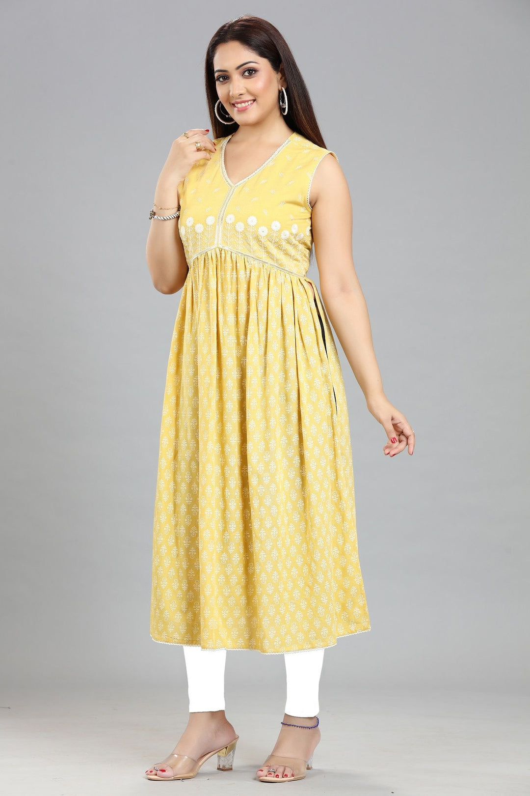 Yellow Cotton Gathered Embroidered Sleeveless Kurta For Women