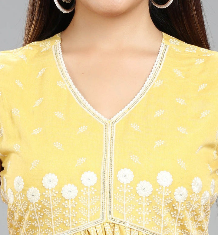 Yellow Cotton Gathered Embroidered Sleeveless Kurta For Women