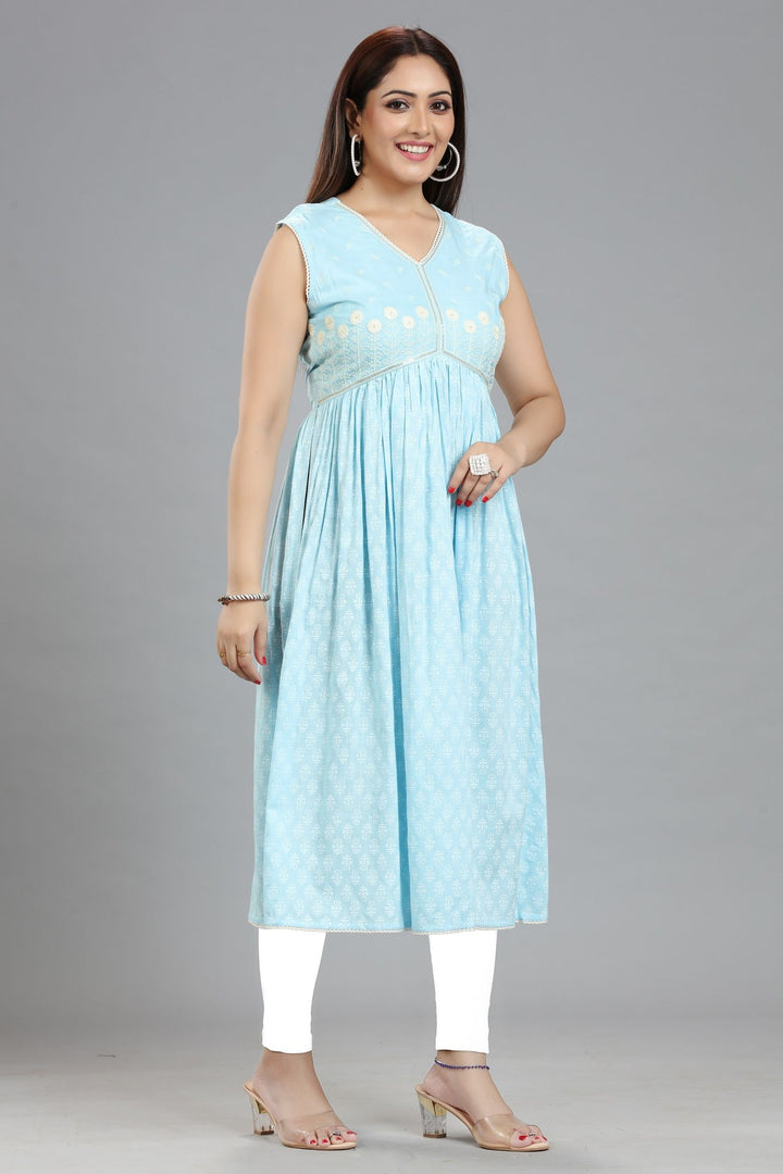 Sky Blue Rayon Gathered Embroidered Sleeveless Kurta