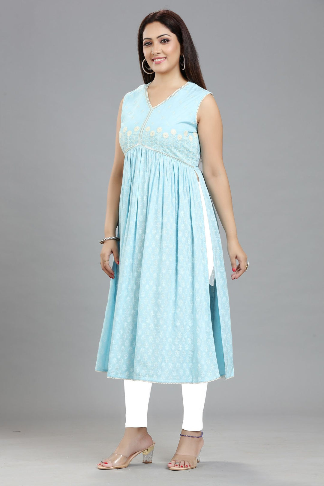 Sky Blue Rayon Gathered Embroidered Sleeveless Kurta