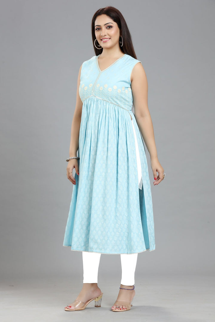 Sky Blue Rayon Gathered Embroidered Sleeveless Kurta