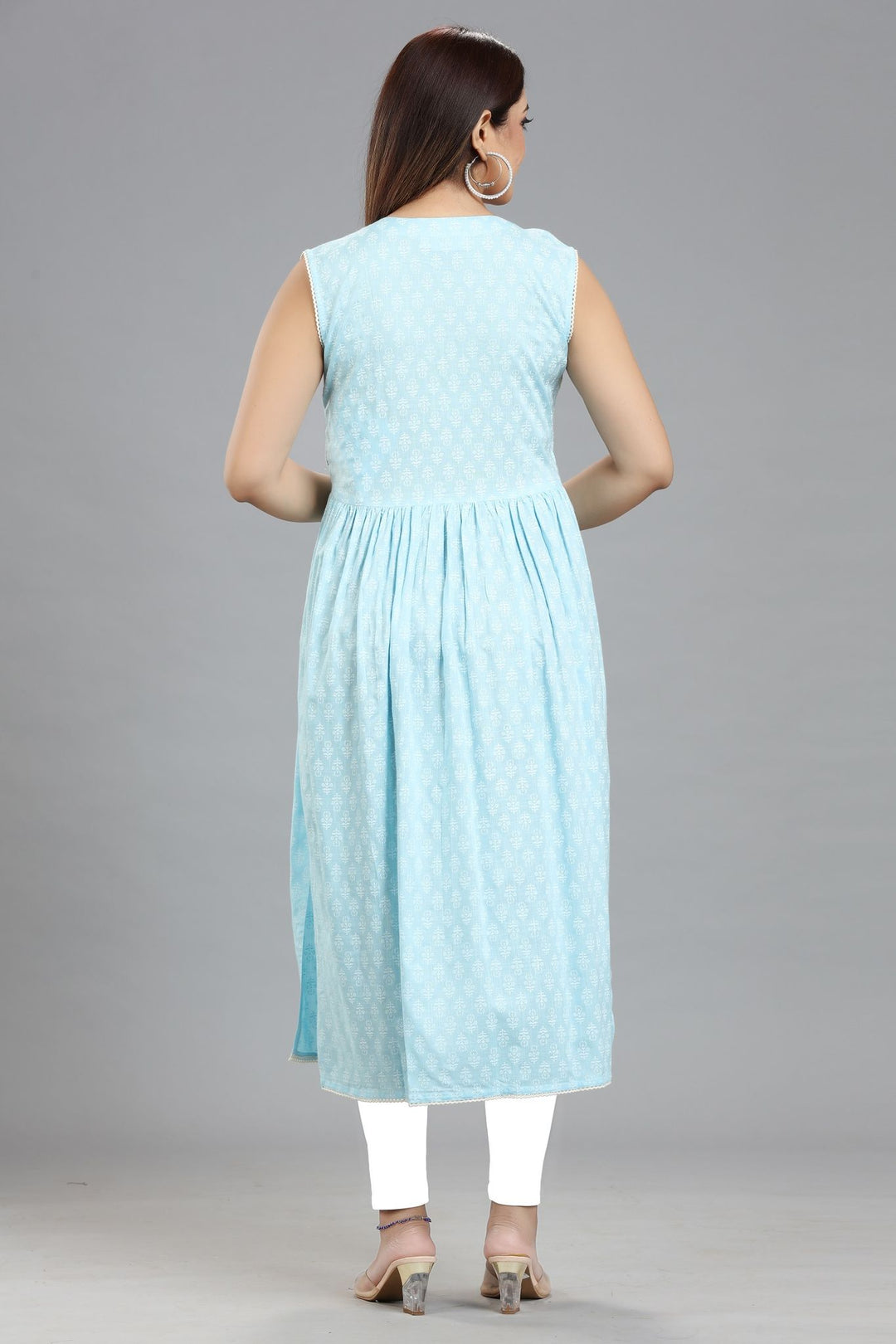 Sky Blue Rayon Gathered Embroidered Sleeveless Kurta