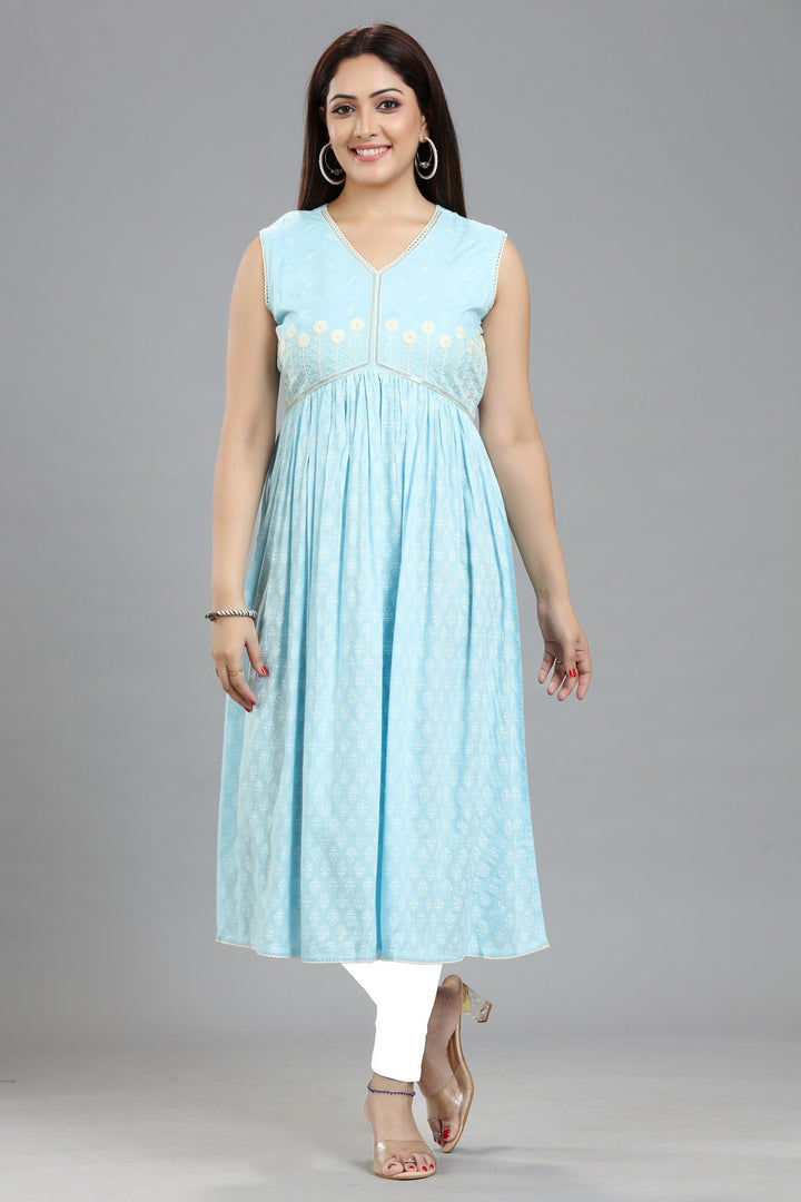 Sky Blue Rayon Gathered Embroidered Sleeveless Kurta