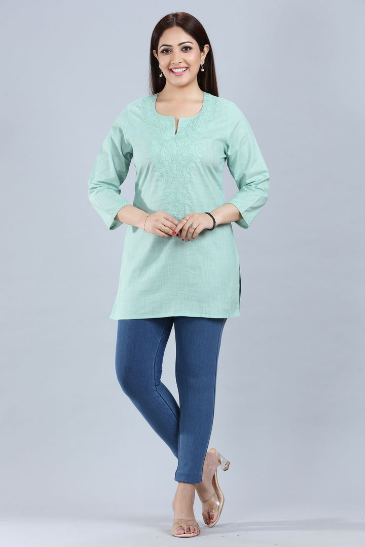 Pista Green Cotton Straight Short Kurti