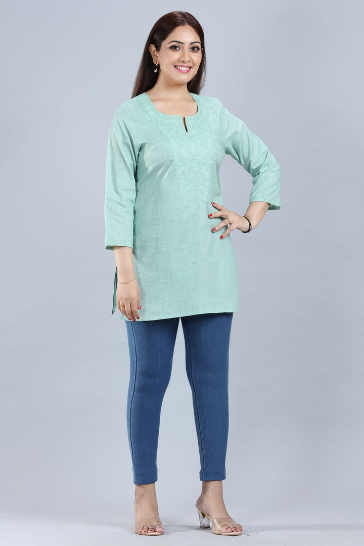 Pista Green Cotton Straight Short Kurti