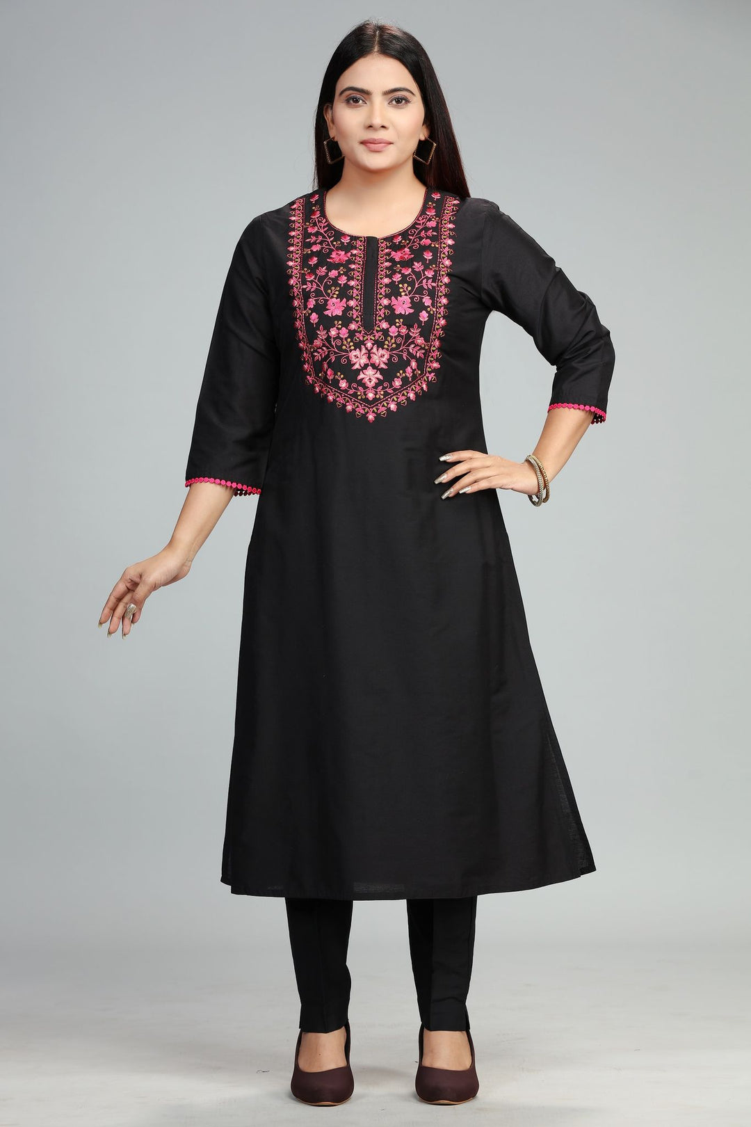 Black Cotton Straight Embroidered Kurta Pant Co ord Set