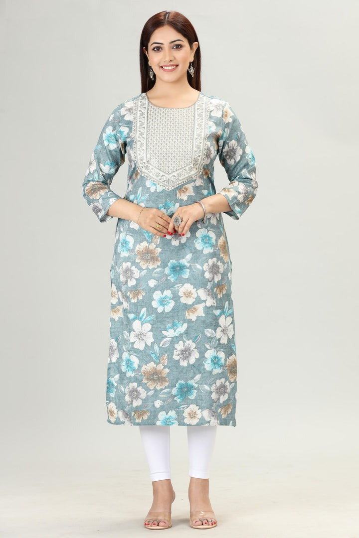 Teal Rayon Straight Embroidered Kurta