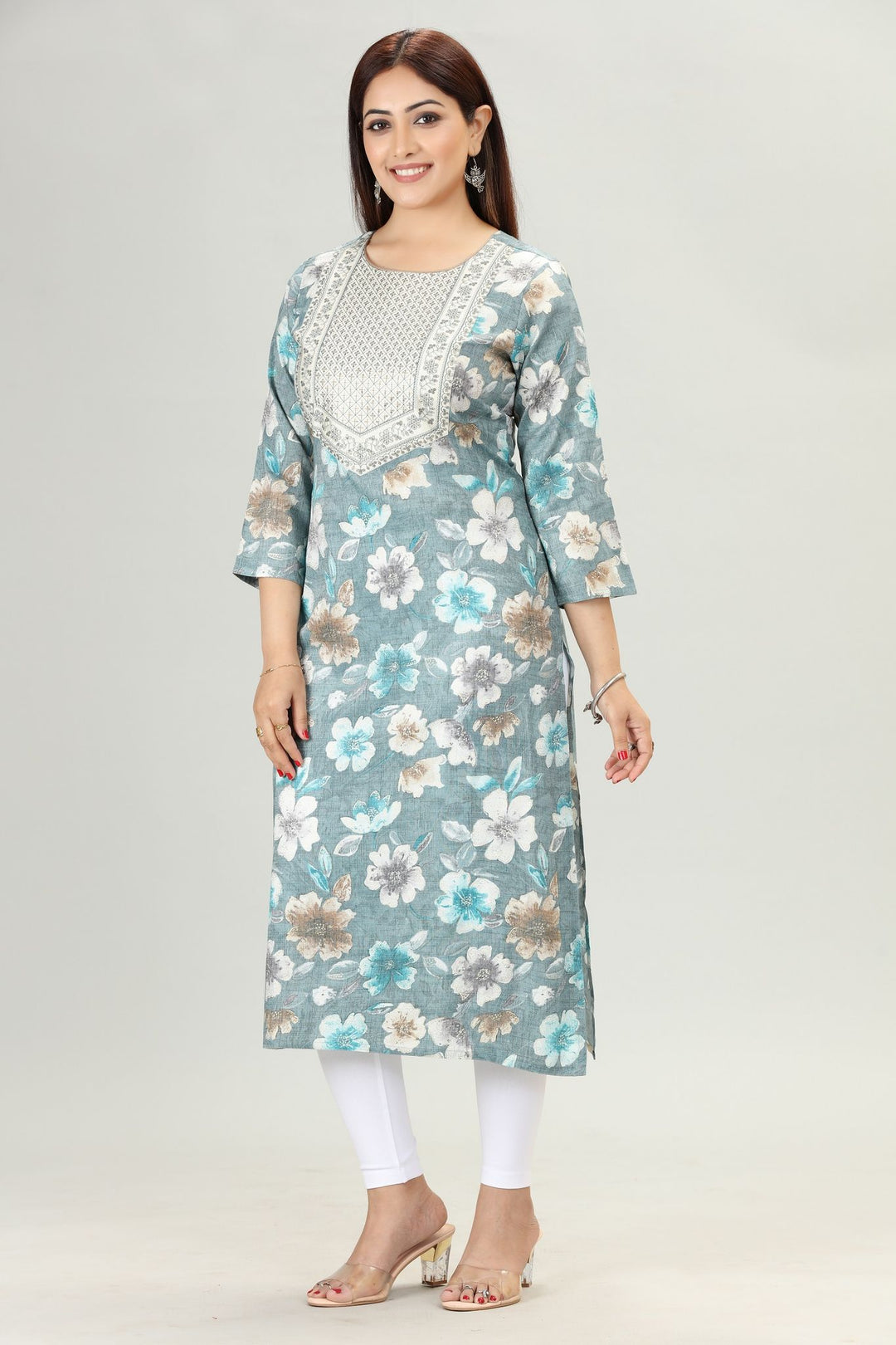 Teal Rayon Straight Embroidered Kurta