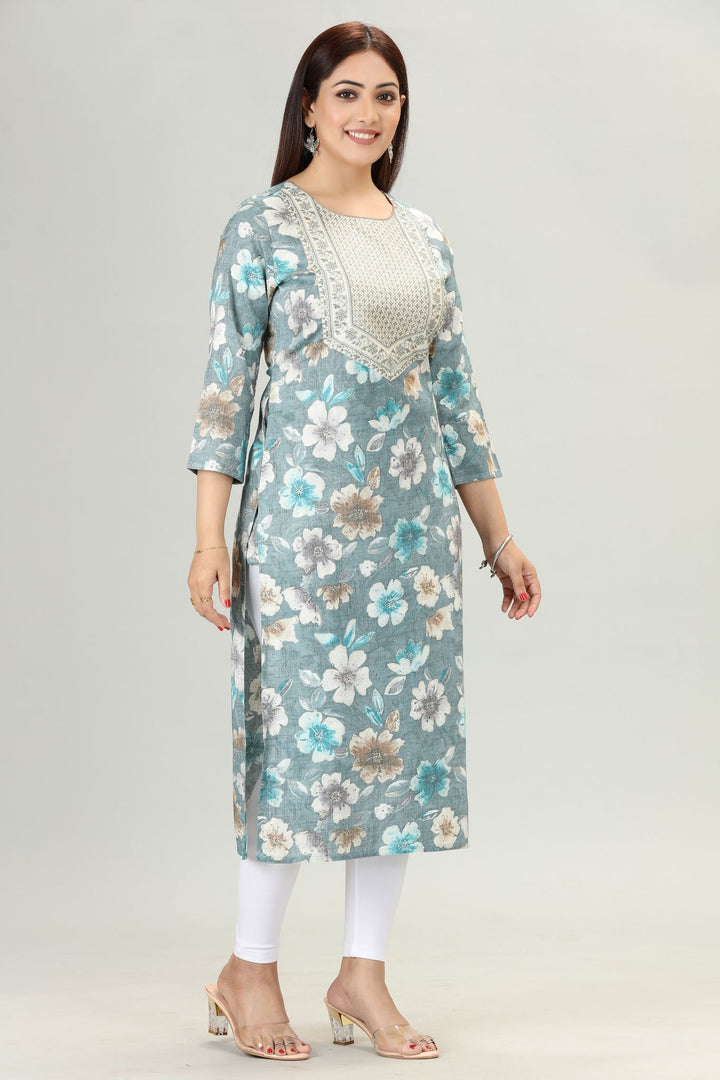 Teal Rayon Straight Embroidered Kurta