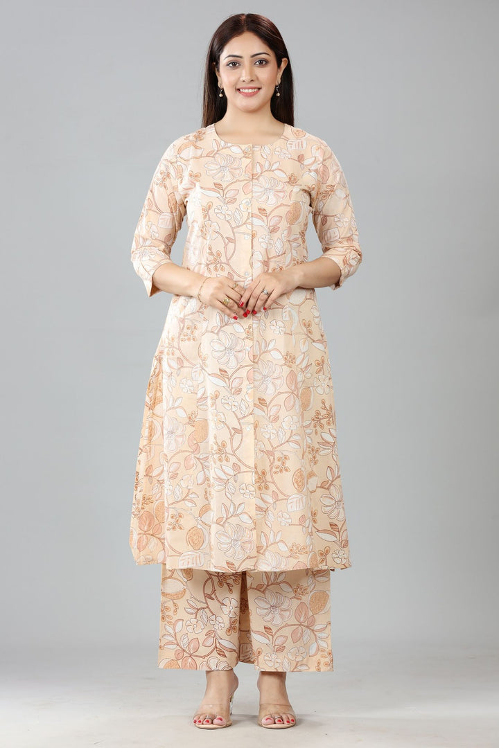 Cream Cotton A Line Printed Kurta Pant Co ord Set