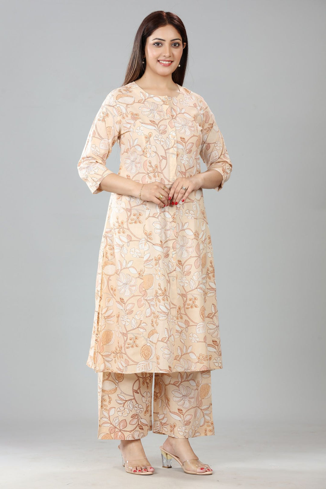 Cream Cotton A Line Printed Kurta Pant Co ord Set