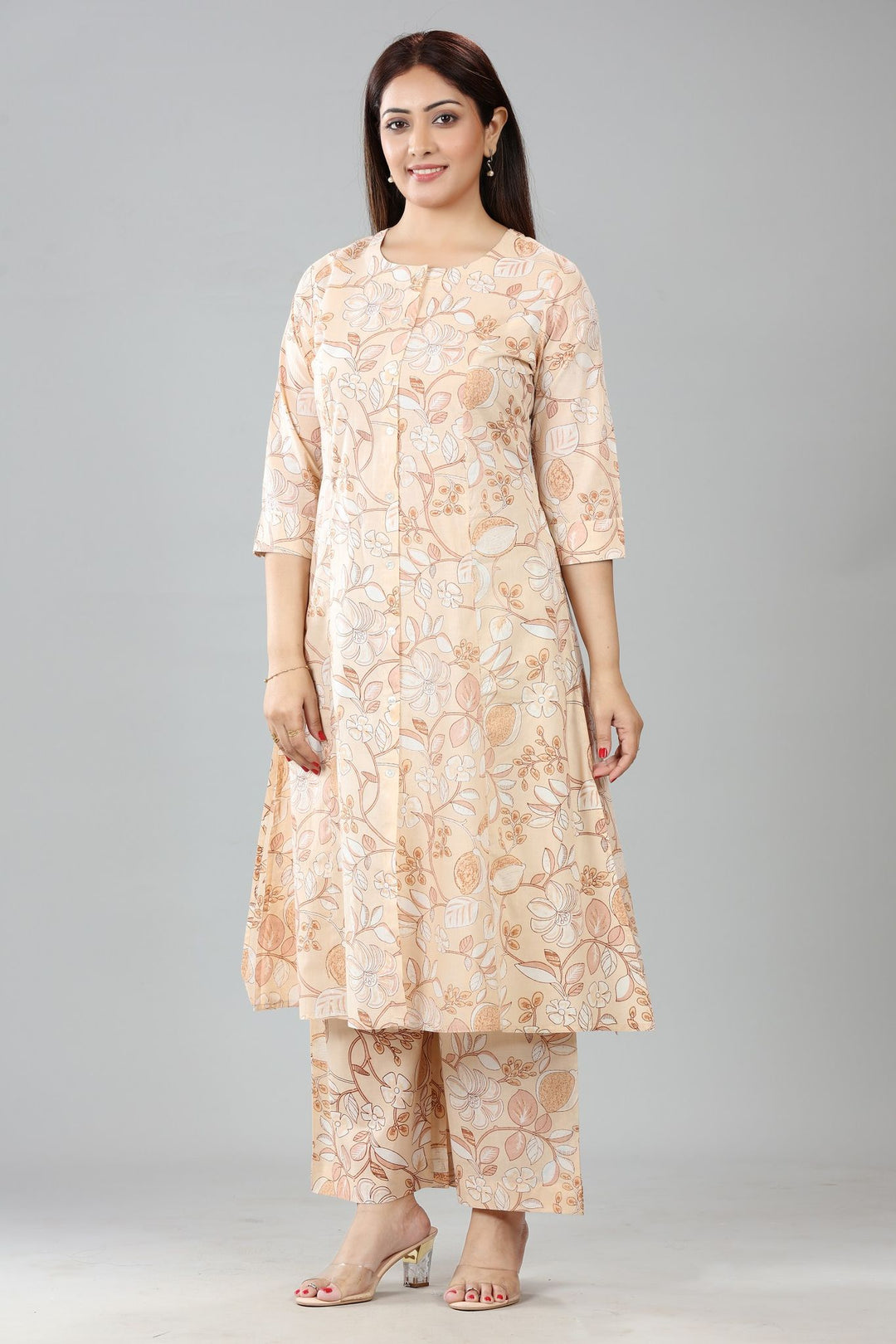 Cream Cotton A Line Printed Kurta Pant Co ord Set