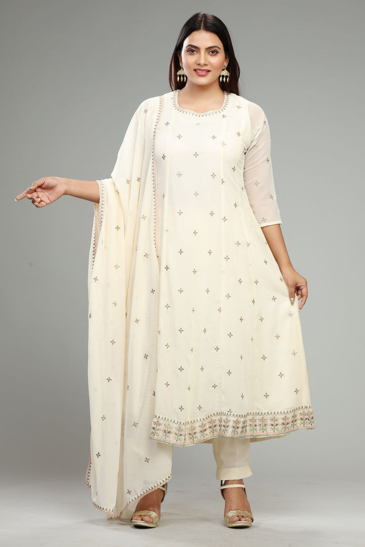 Off White Georgette A Line Embroidered Kurta Pant Suit Set