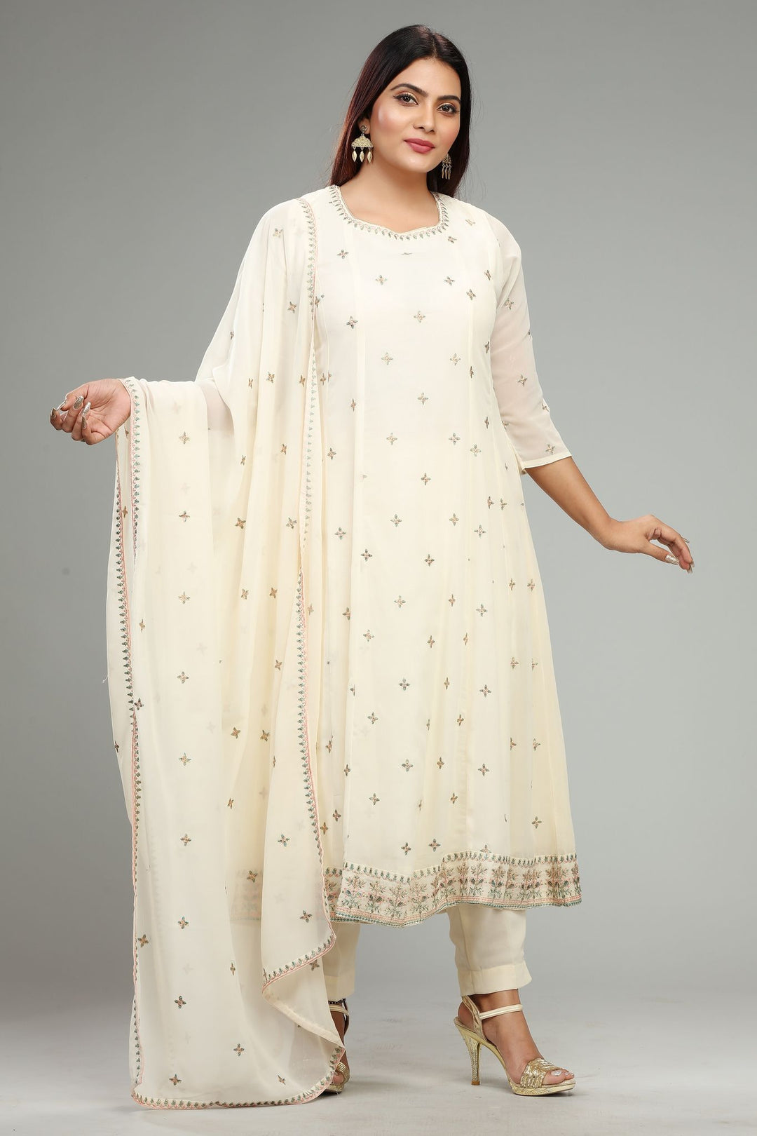 Off White Georgette A Line Embroidered Kurta Pant Suit Set