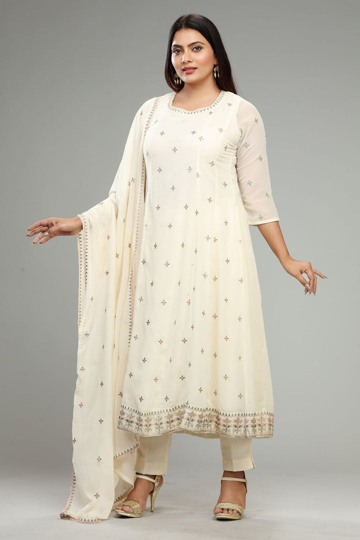 Off White Georgette A Line Embroidered Kurta Pant Suit Set