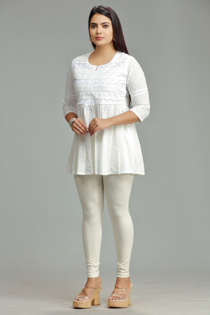 White Cotton Gathered Short Kurta