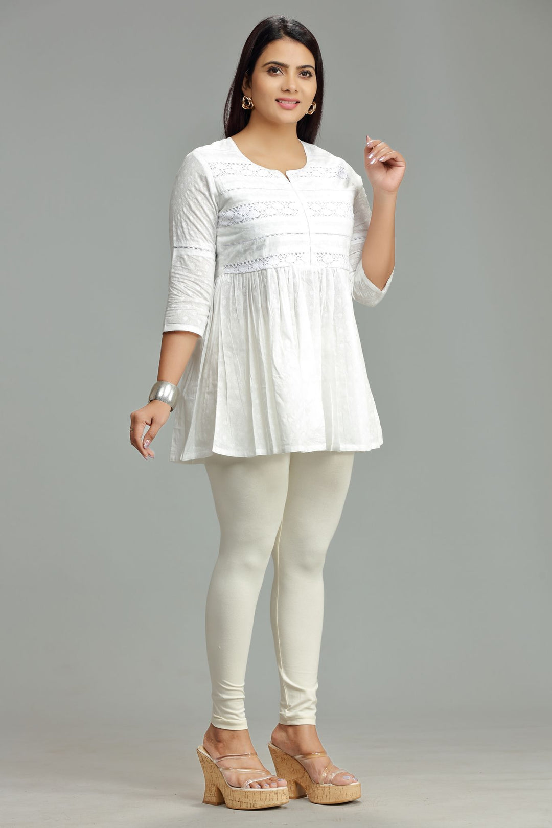 White Cotton Gathered Short Kurta