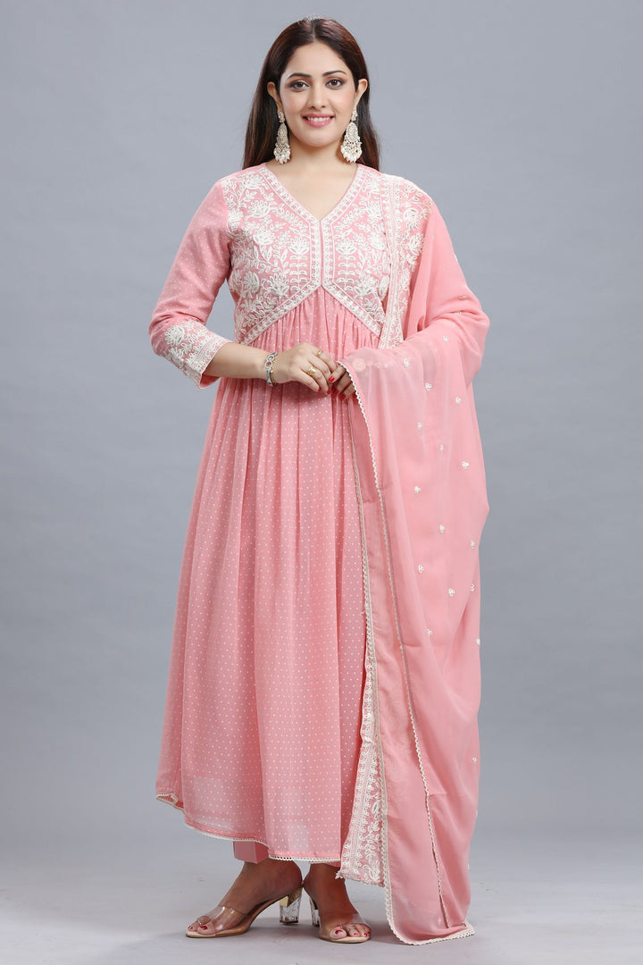 Peach Georgette Anarkali Embroidered Kurta Pant Suit Set