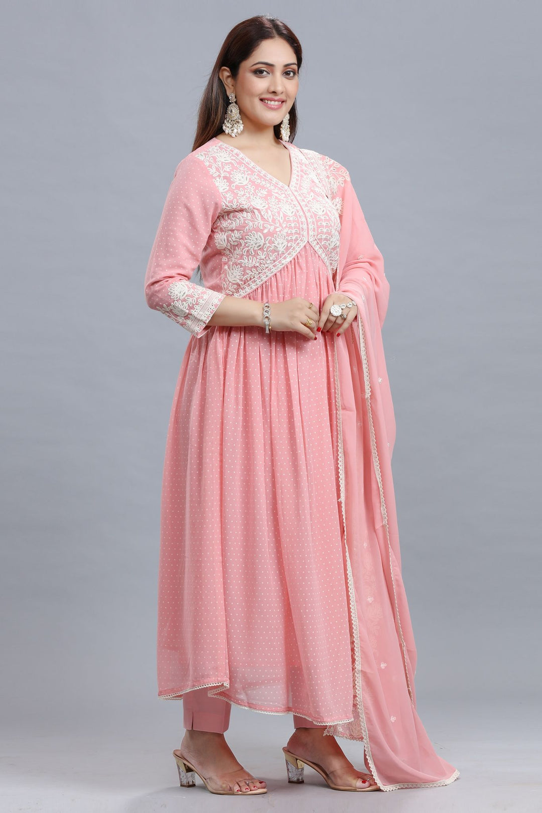 Peach Georgette Anarkali Embroidered Kurta Pant Suit Set