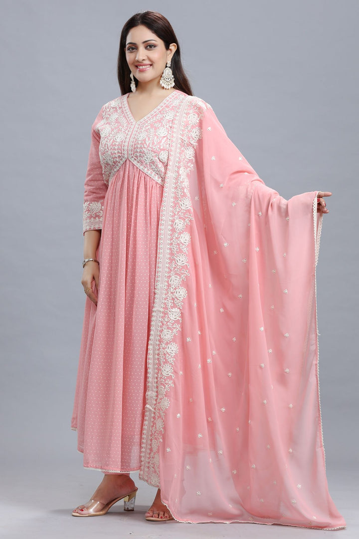 Peach Georgette Anarkali Embroidered Kurta Pant Suit Set