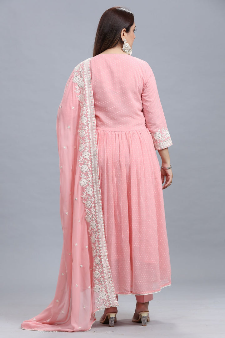 Peach Georgette Anarkali Embroidered Kurta Pant Suit Set