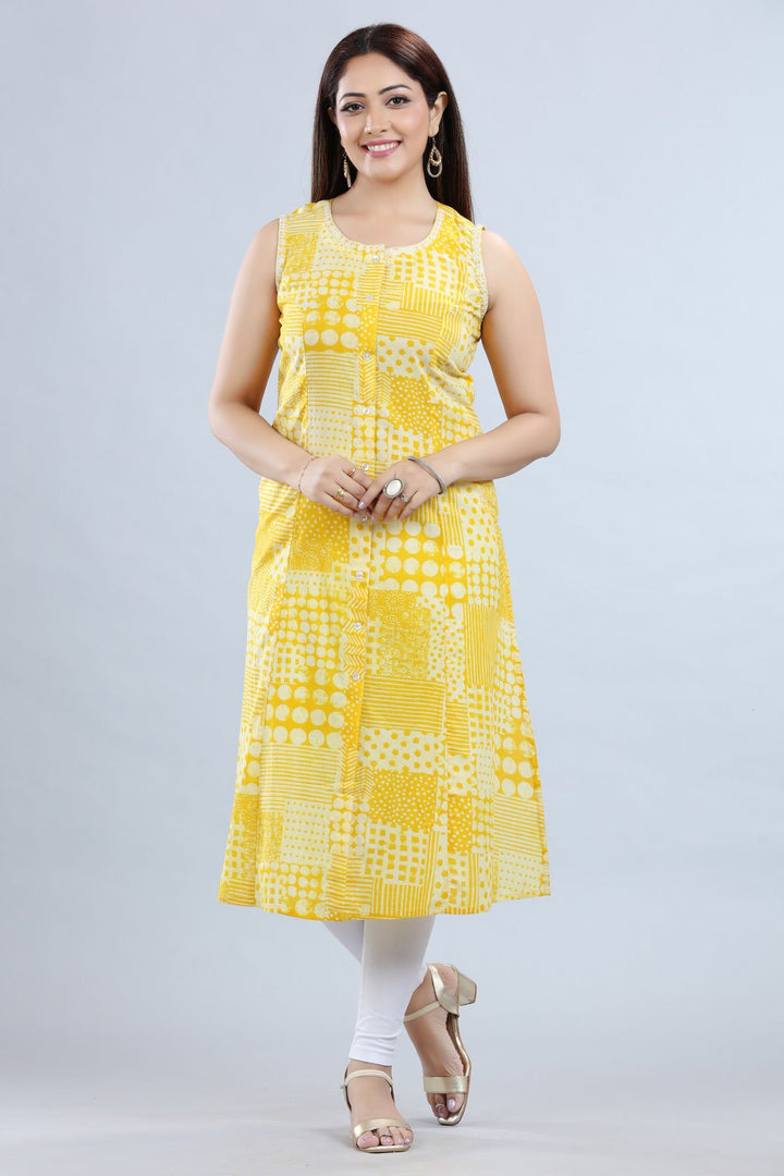 Yellow Cotton A Line Printed Sleeveless Kurta