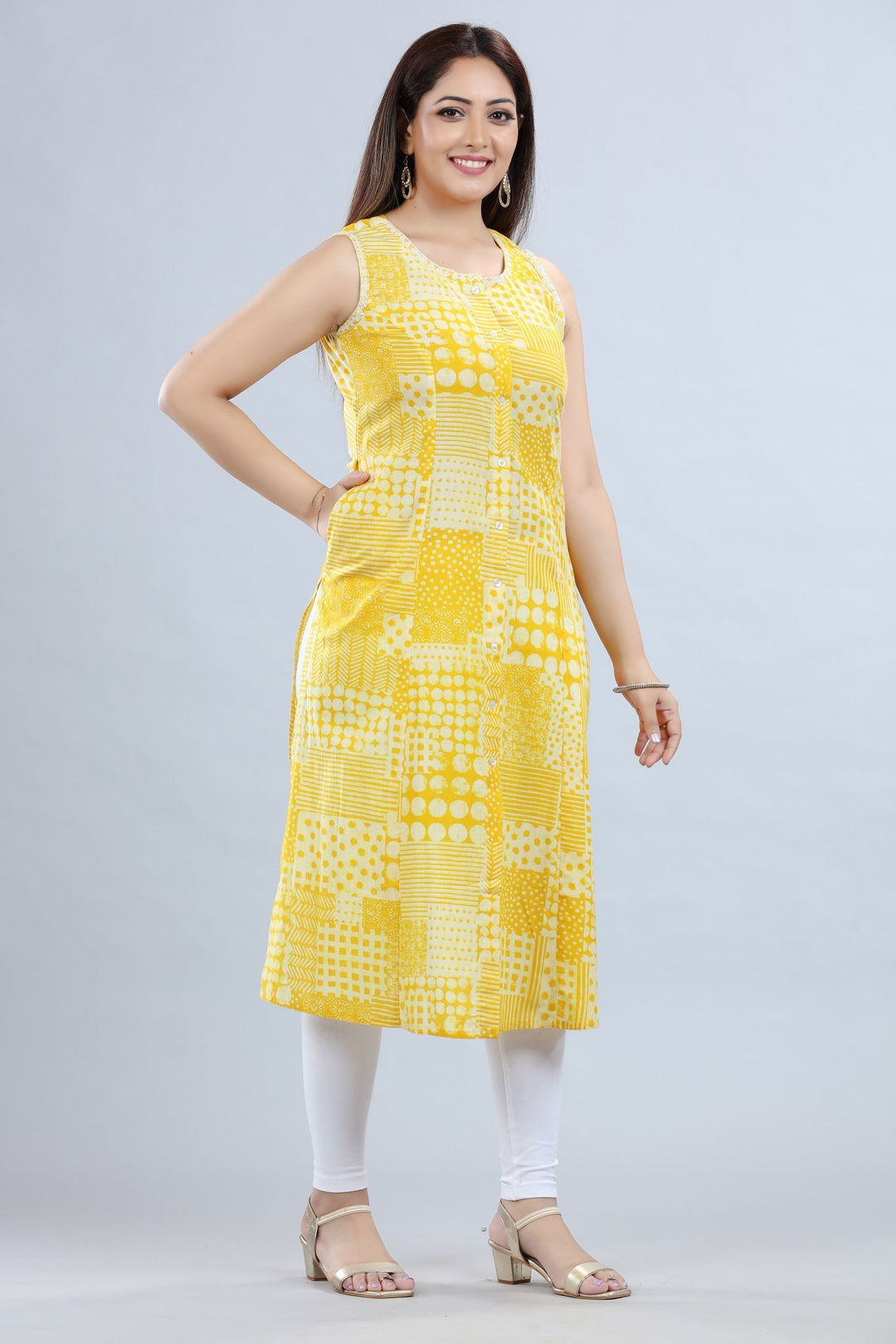 Yellow Cotton A Line Printed Sleeveless Kurta