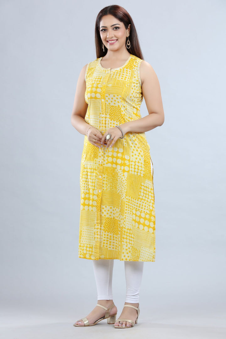 Yellow Cotton A Line Printed Sleeveless Kurta