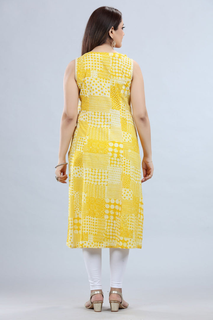 Yellow Cotton A Line Printed Sleeveless Kurta