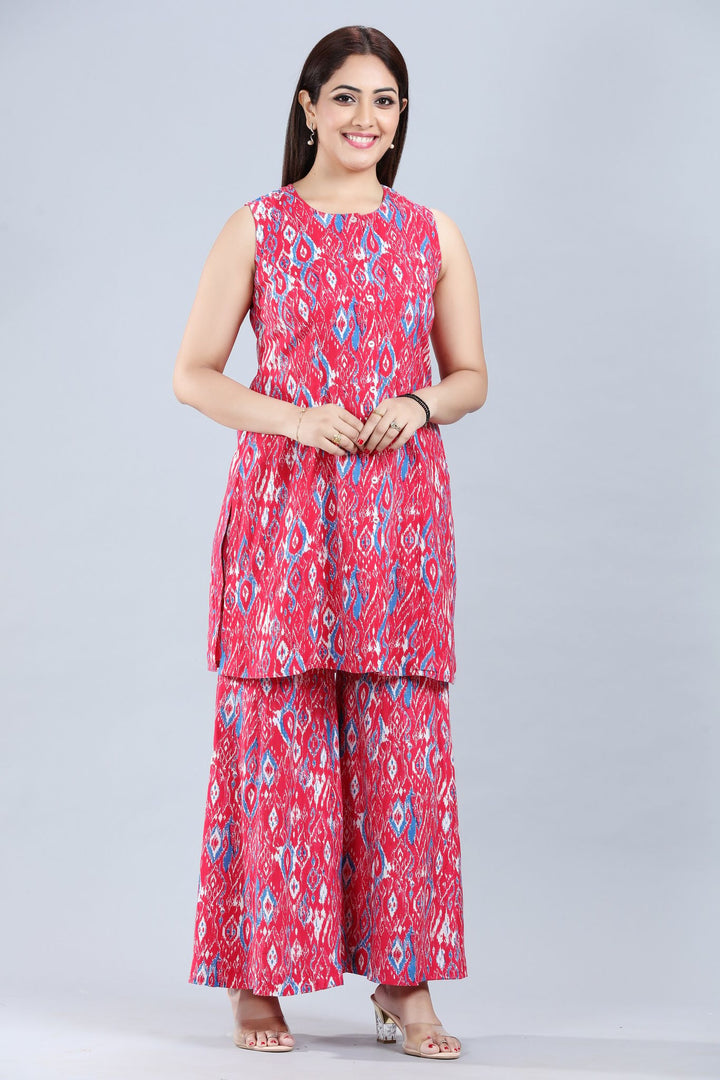 Pink Cotton Sleeveless Printed Kurta Palazzo Co ord Set