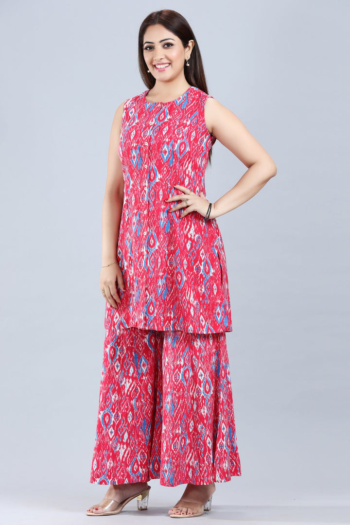 Pink Cotton Sleeveless Printed Kurta Palazzo Co ord Set