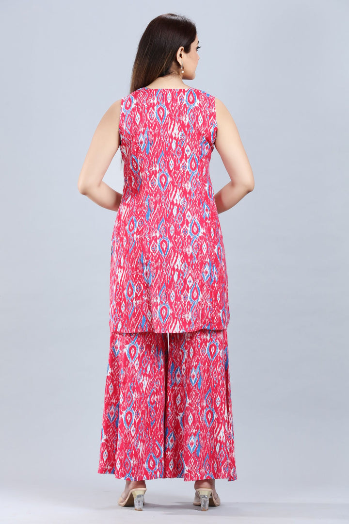 Pink Cotton Sleeveless Printed Kurta Palazzo Co ord Set