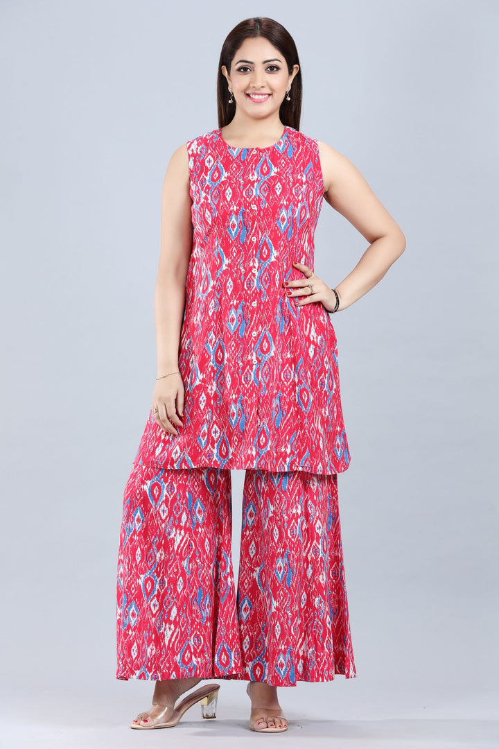 Pink Cotton Sleeveless Printed Kurta Palazzo Co ord Set