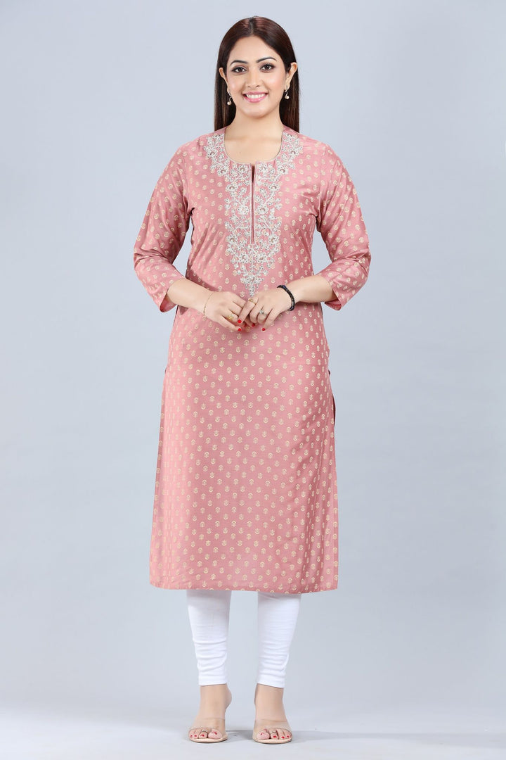 Peach Cotton Silk Straight Embroidered Kurta