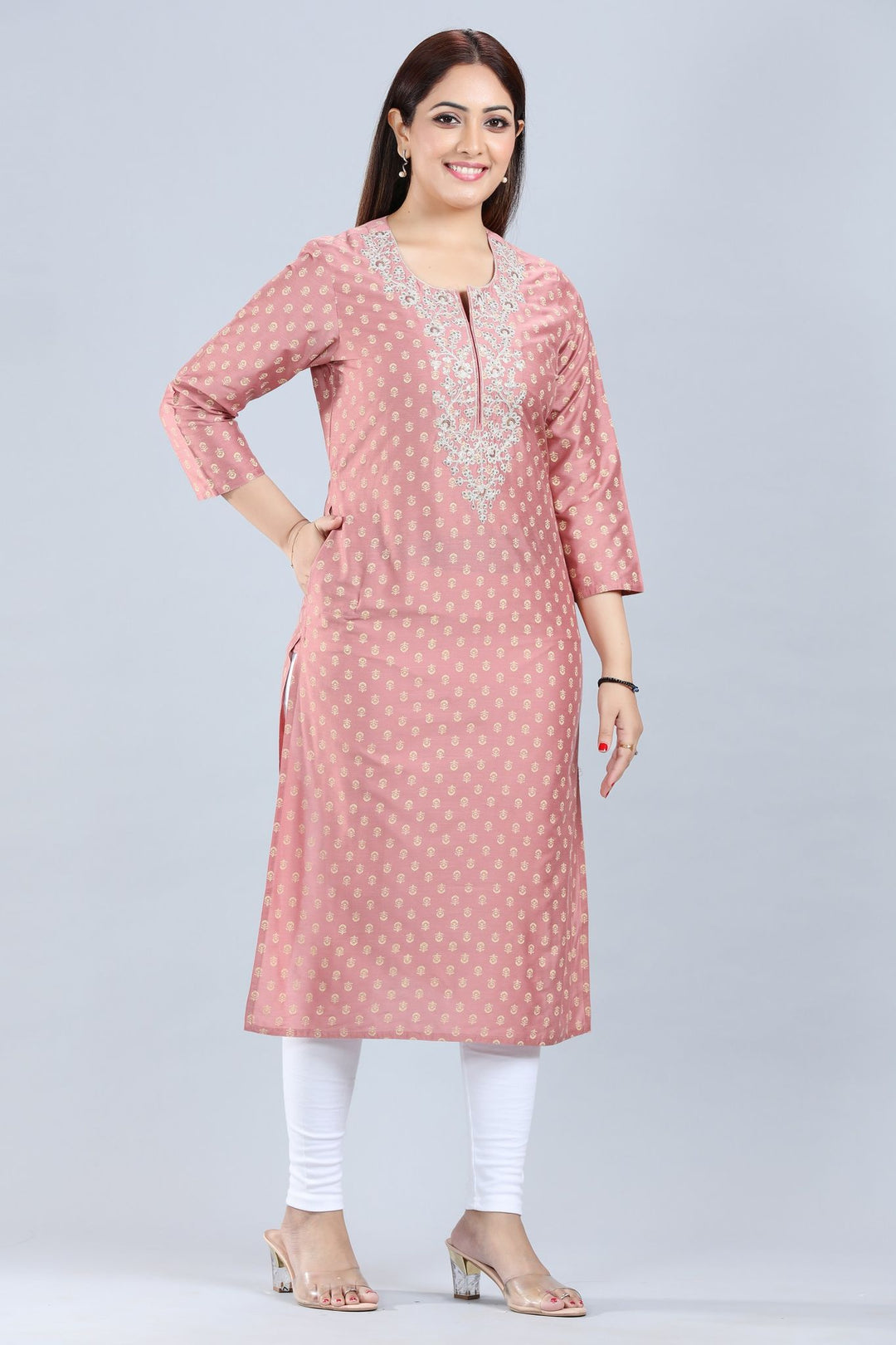 Peach Cotton Silk Straight Embroidered Kurta