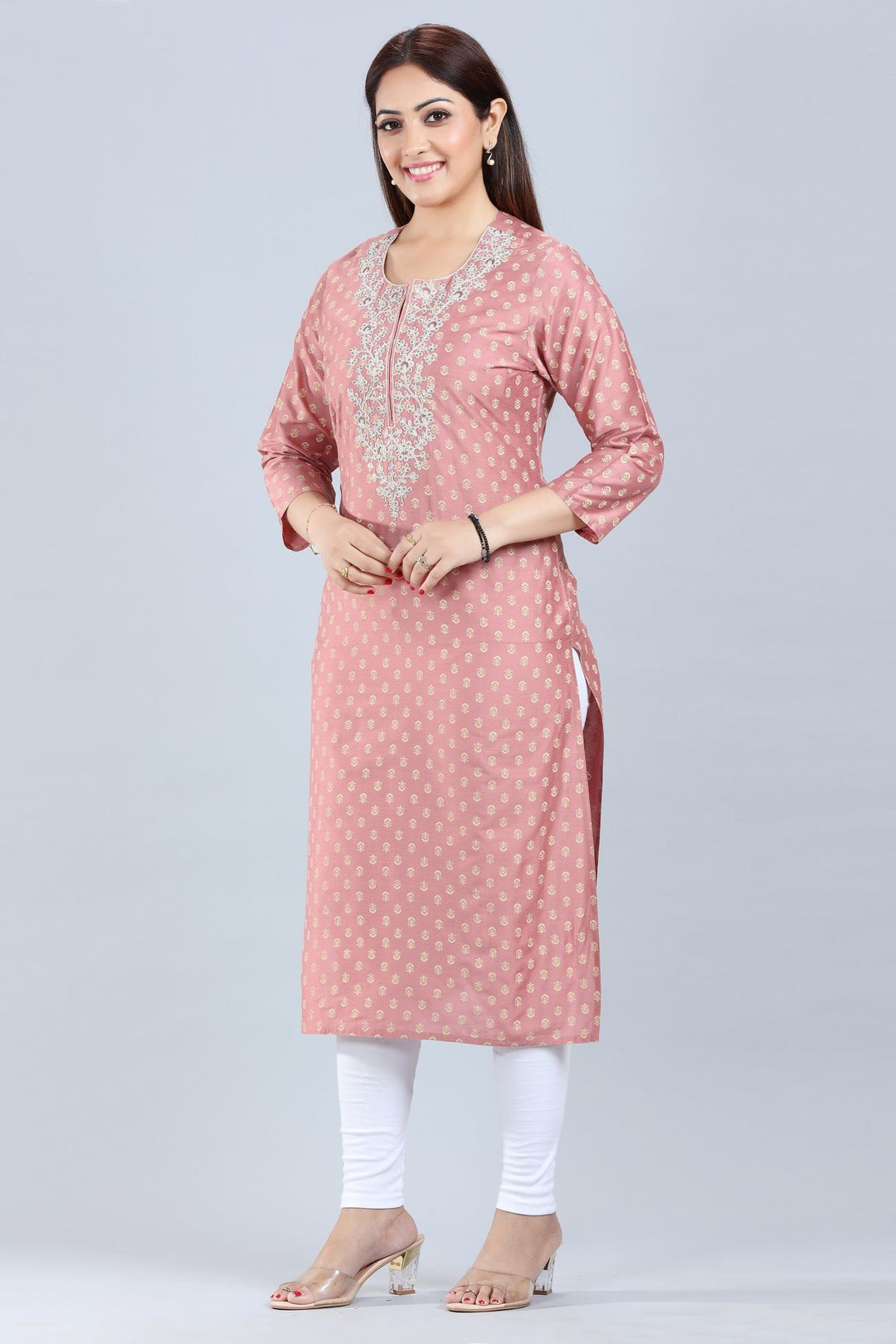 Peach Cotton Silk Straight Embroidered Kurta