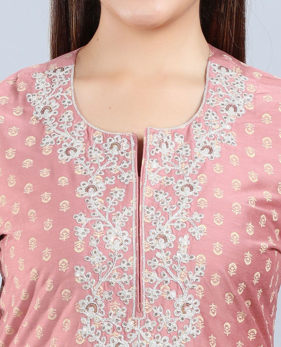 Peach Cotton Silk Straight Embroidered Kurta