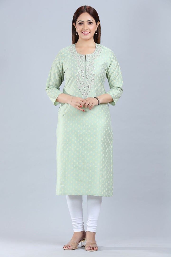 Pista Green Cotton Silk Straight Embroidered Kurta