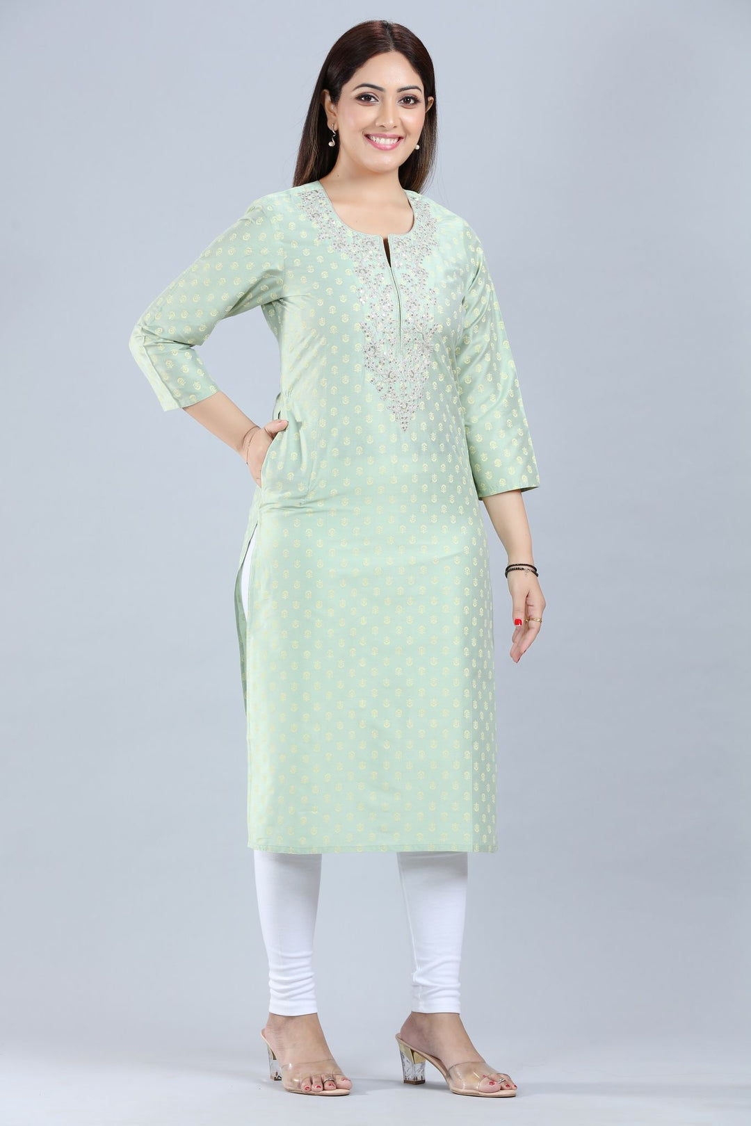 Pista Green Cotton Silk Straight Embroidered Kurta