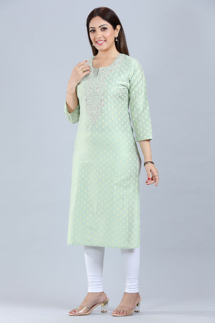 Pista Green Cotton Silk Straight Embroidered Kurta