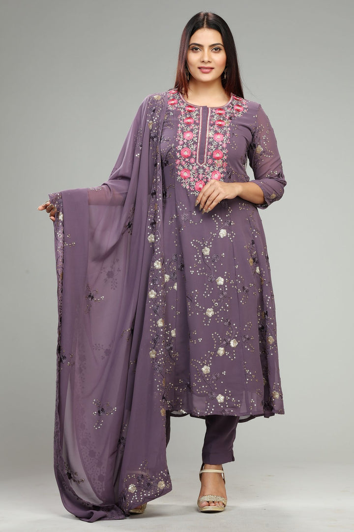 Light Purple Georgette Flared Embroidered kurta Pant Suit Set