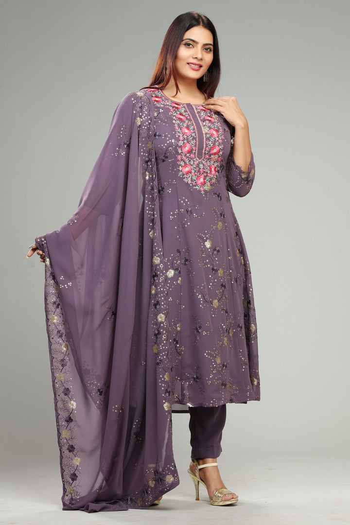 Light Purple Georgette Flared Embroidered kurta Pant Suit Set