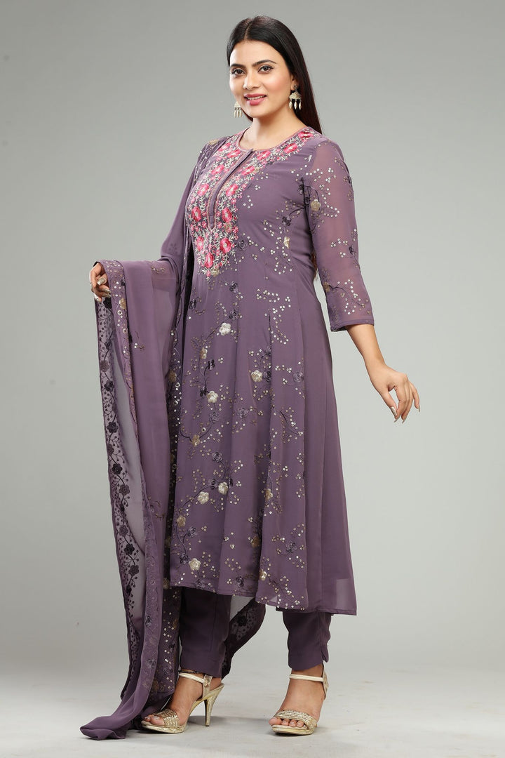 Light Purple Georgette Flared Embroidered kurta Pant Suit Set