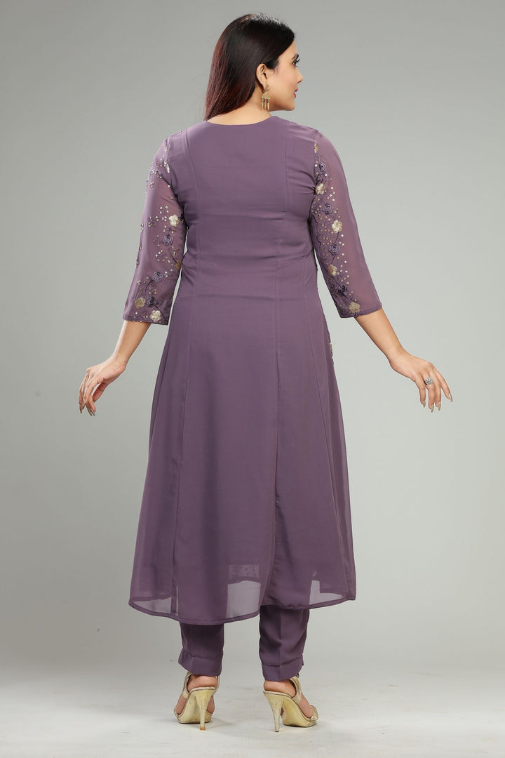 Light Purple Georgette Flared Embroidered kurta Pant Suit Set