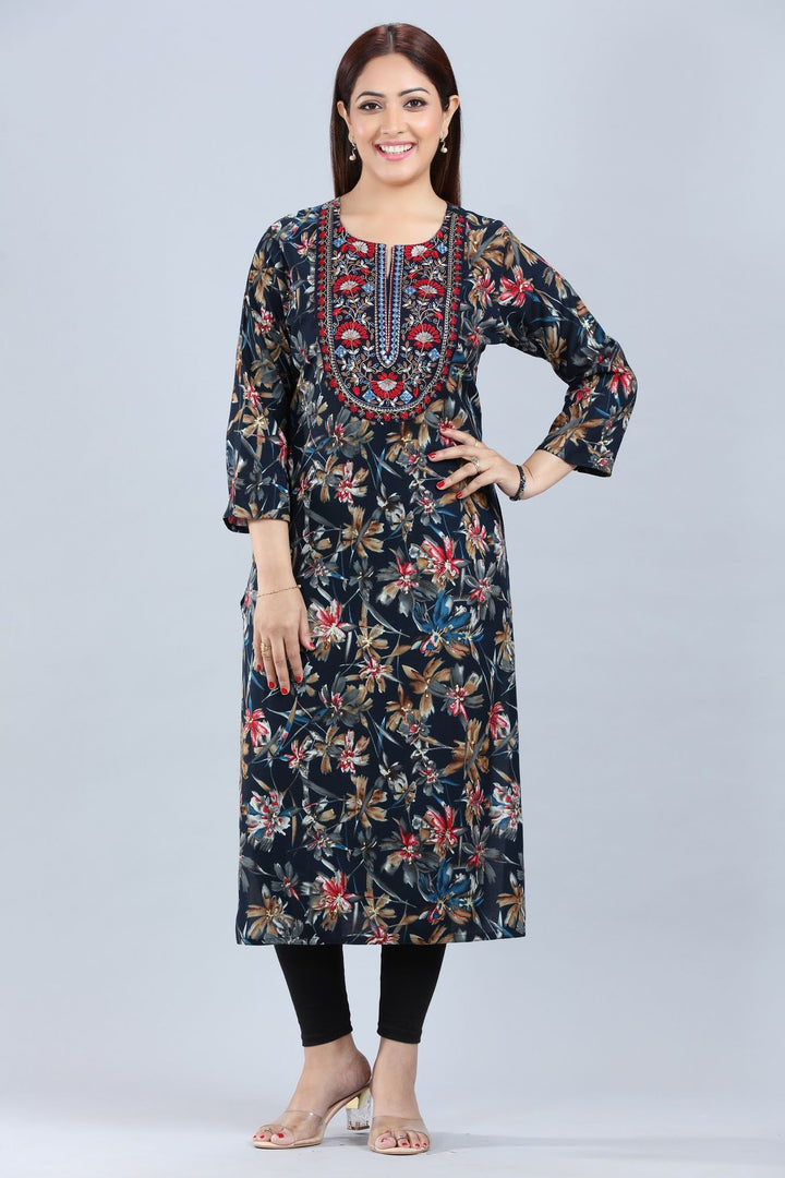 Navy Blue Rayon Straight Embroidered Kurta