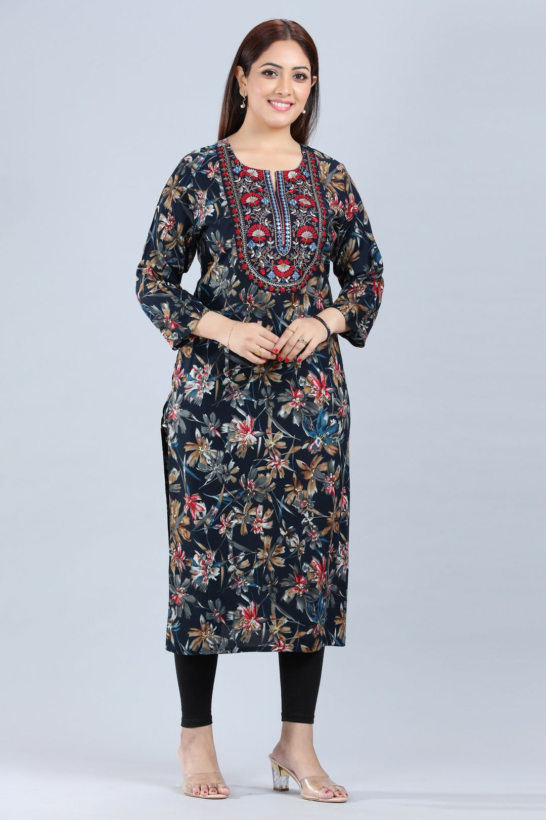 Navy Blue Rayon Straight Embroidered Kurta