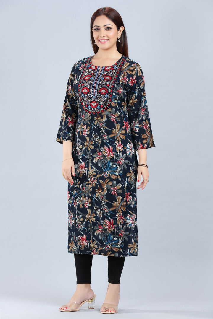 Navy Blue Rayon Straight Embroidered Kurta